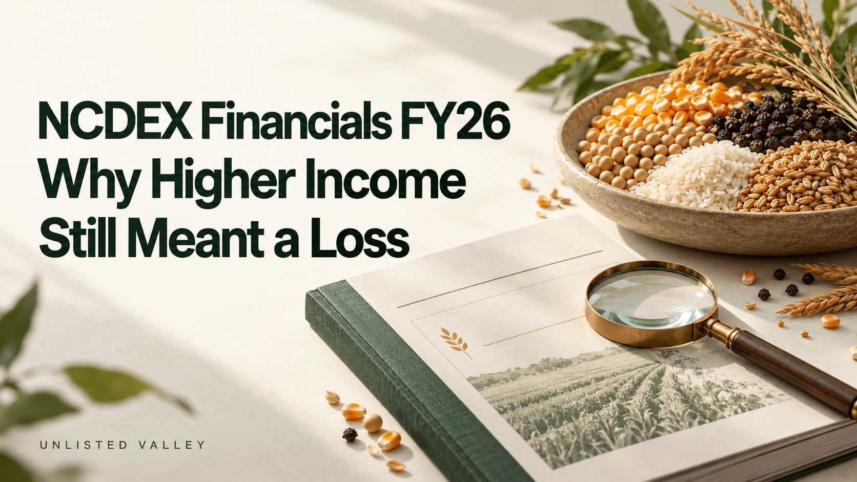 NCDEX FY26 financial analysis cover featuring commodity grains, a financial report and a magnifying glass.