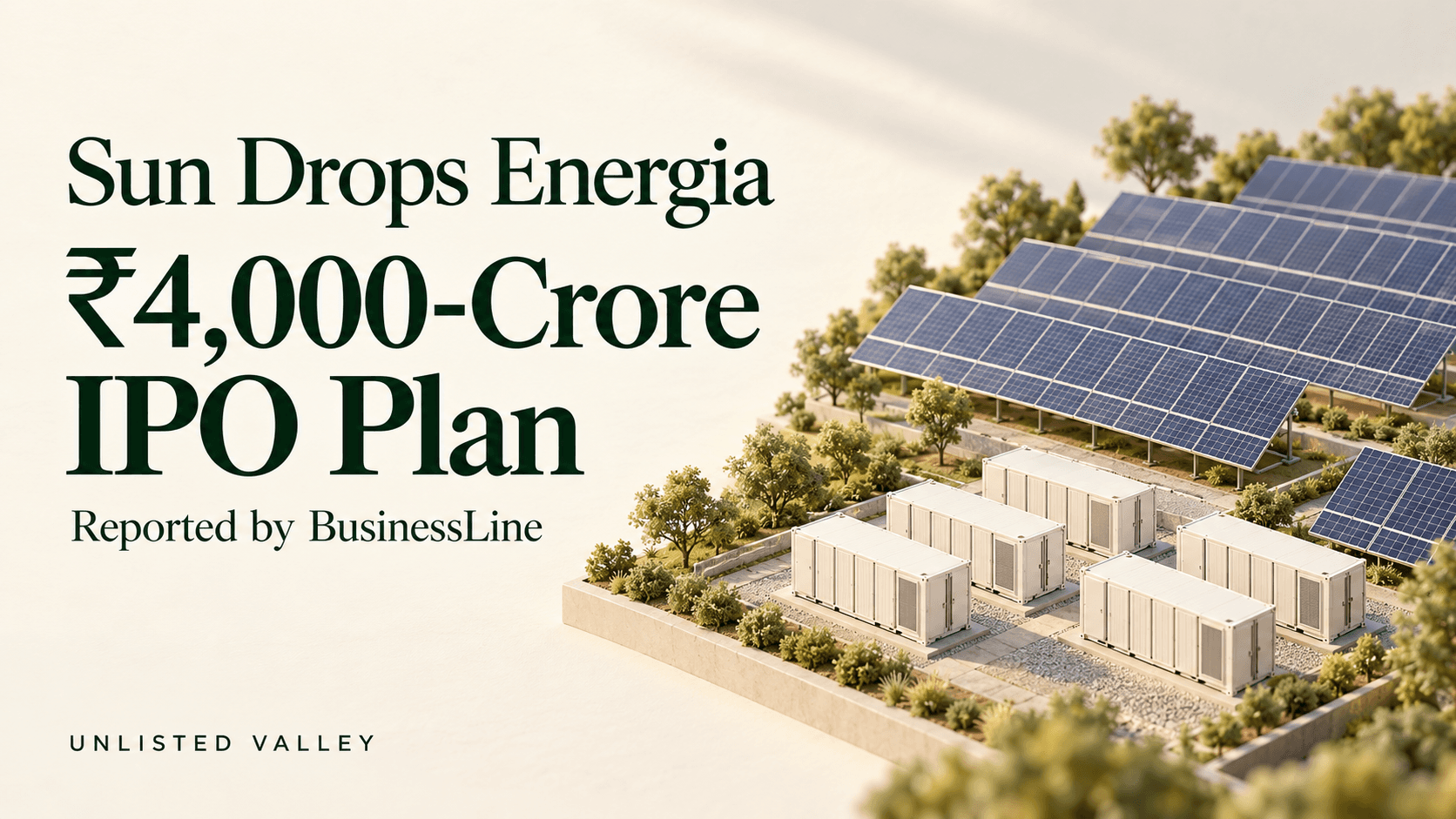 Sun Drops Energia ₹4,000-crore IPO plan with a conceptual solar and battery-storage facility.