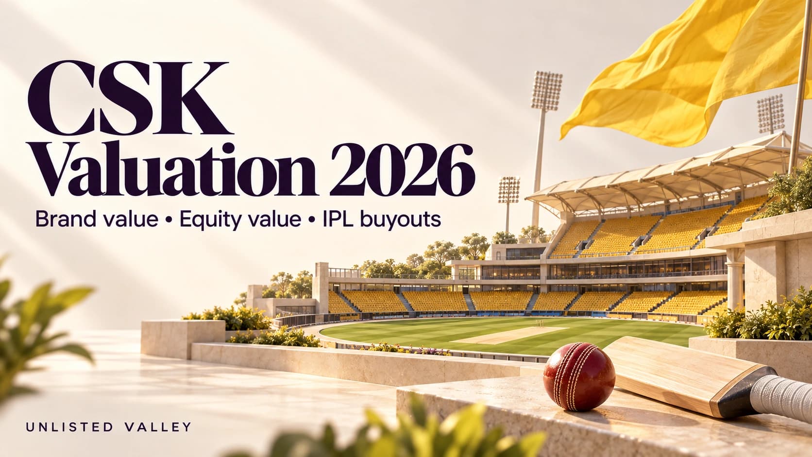 CSK Valuation 2026 cover with a yellow-seated cricket stadium, plain yellow flag, bat and ball.