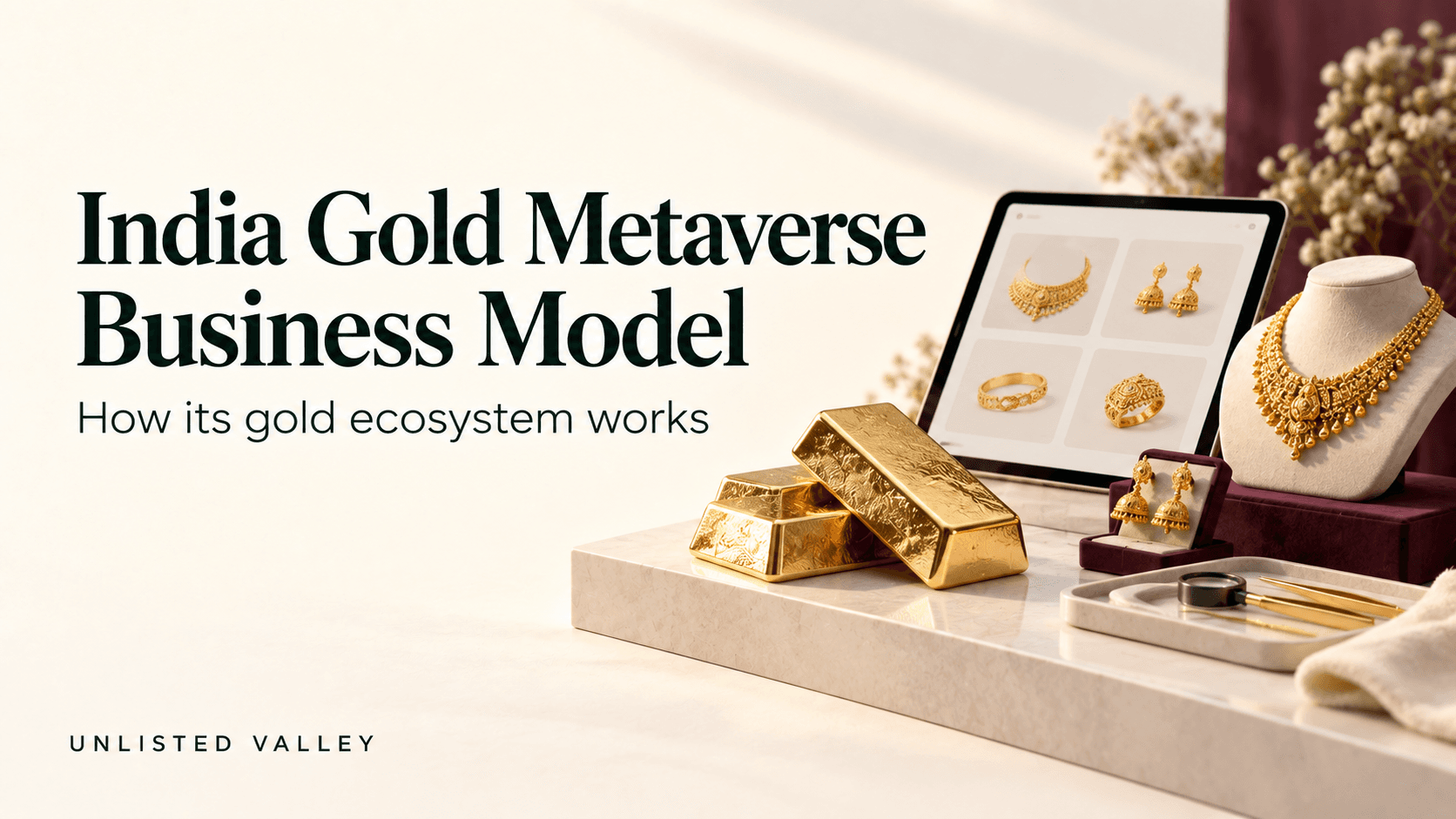 India Gold Metaverse business-model cover with bullion bars, jewellery and a digital catalogue, representing its gold-commerce and technology offerings.