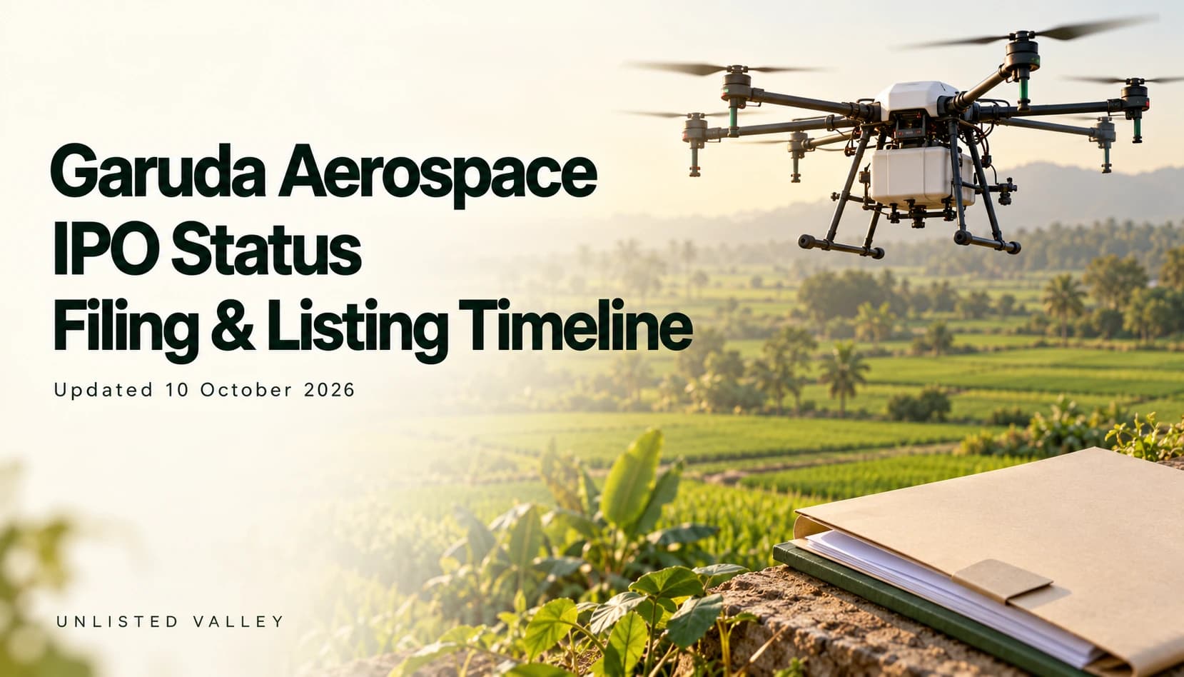 Agricultural drone beside IPO documents, illustrating Garuda Aerospace’s IPO filing and listing status.
