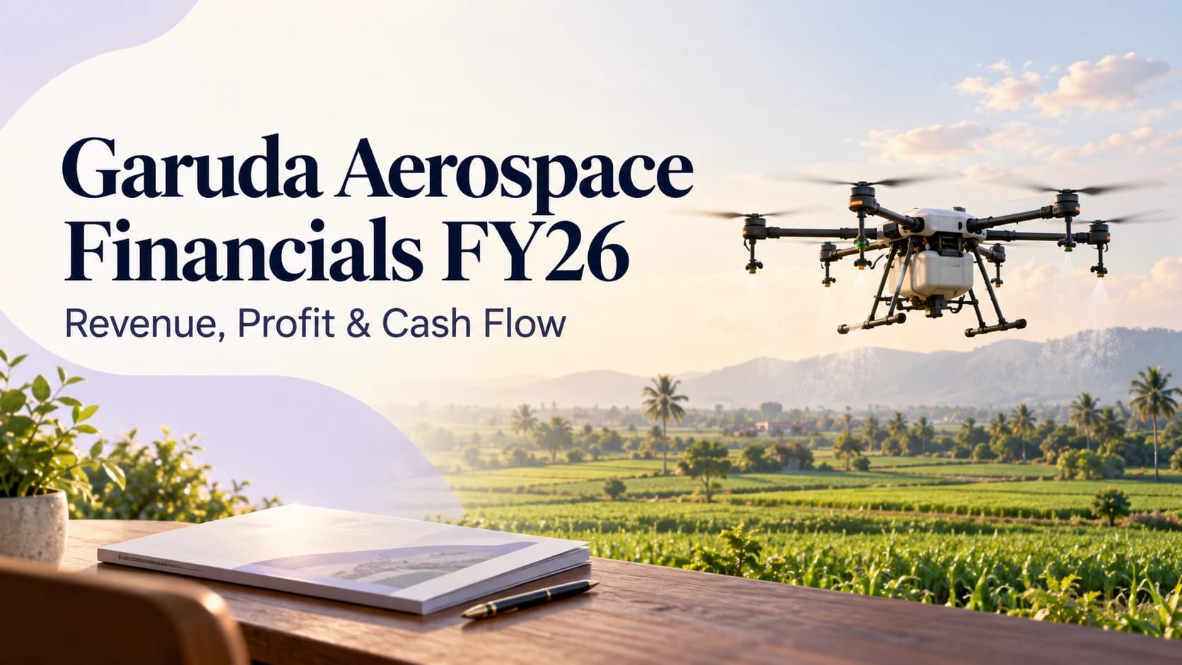 Agricultural drone above green fields beside a report booklet, illustrating Garuda Aerospace’s FY26 financial analysis.