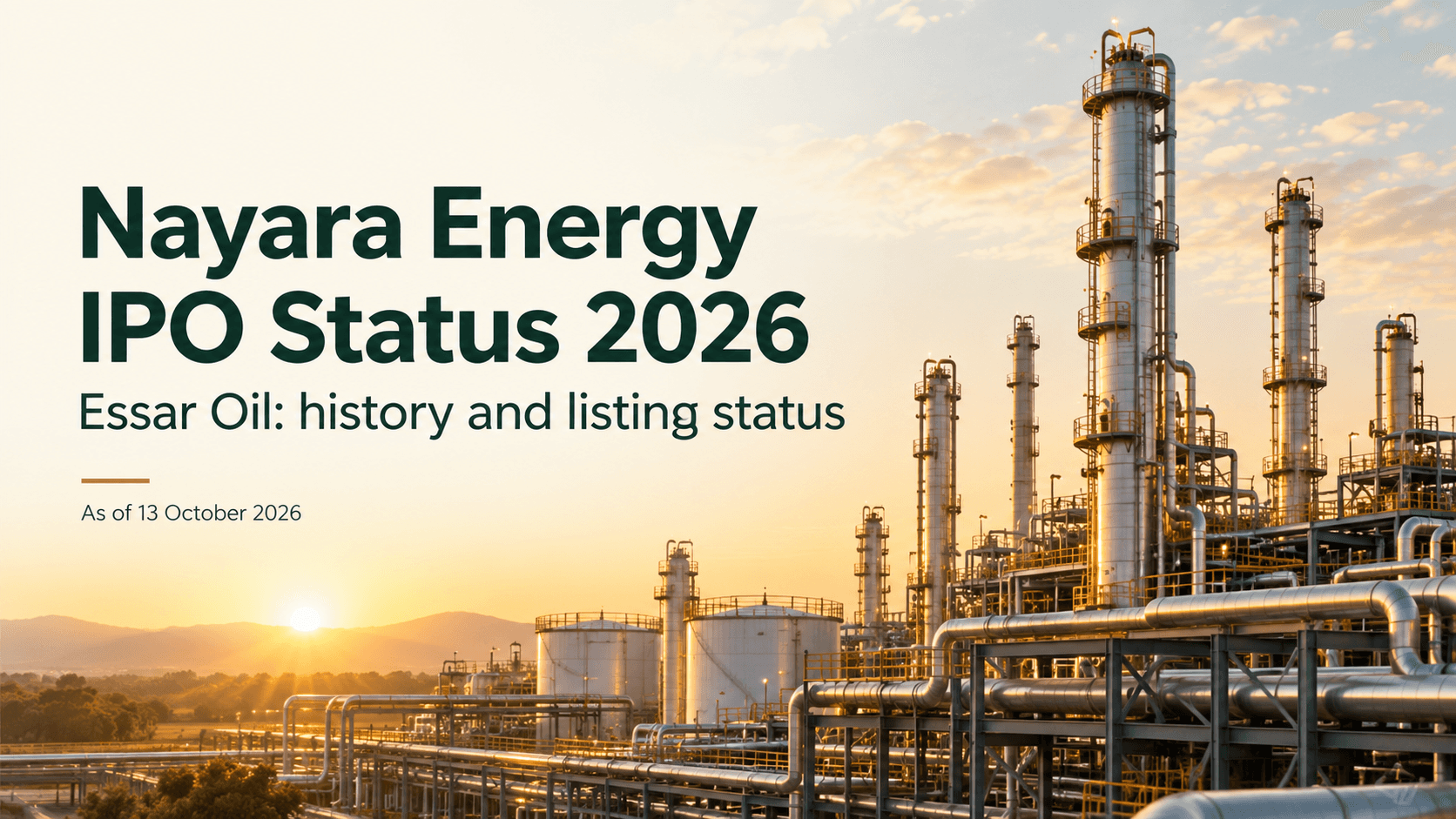Illustrative refinery scene introducing Nayara Energy’s IPO and relisting status in 2026.
