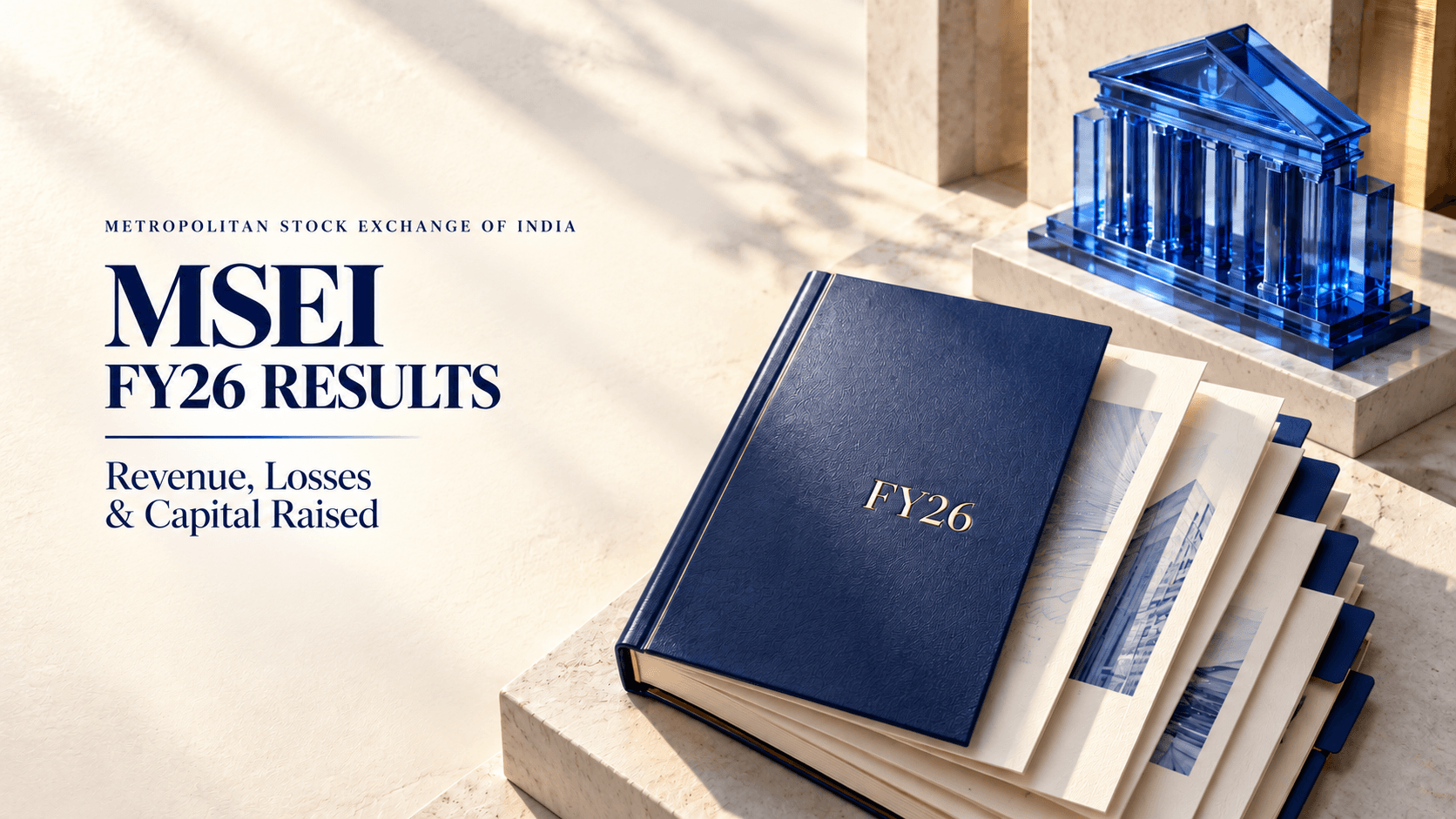 MSEI FY26 results cover with a navy financial report and blue exchange model, introducing revenue, losses and capital raised.