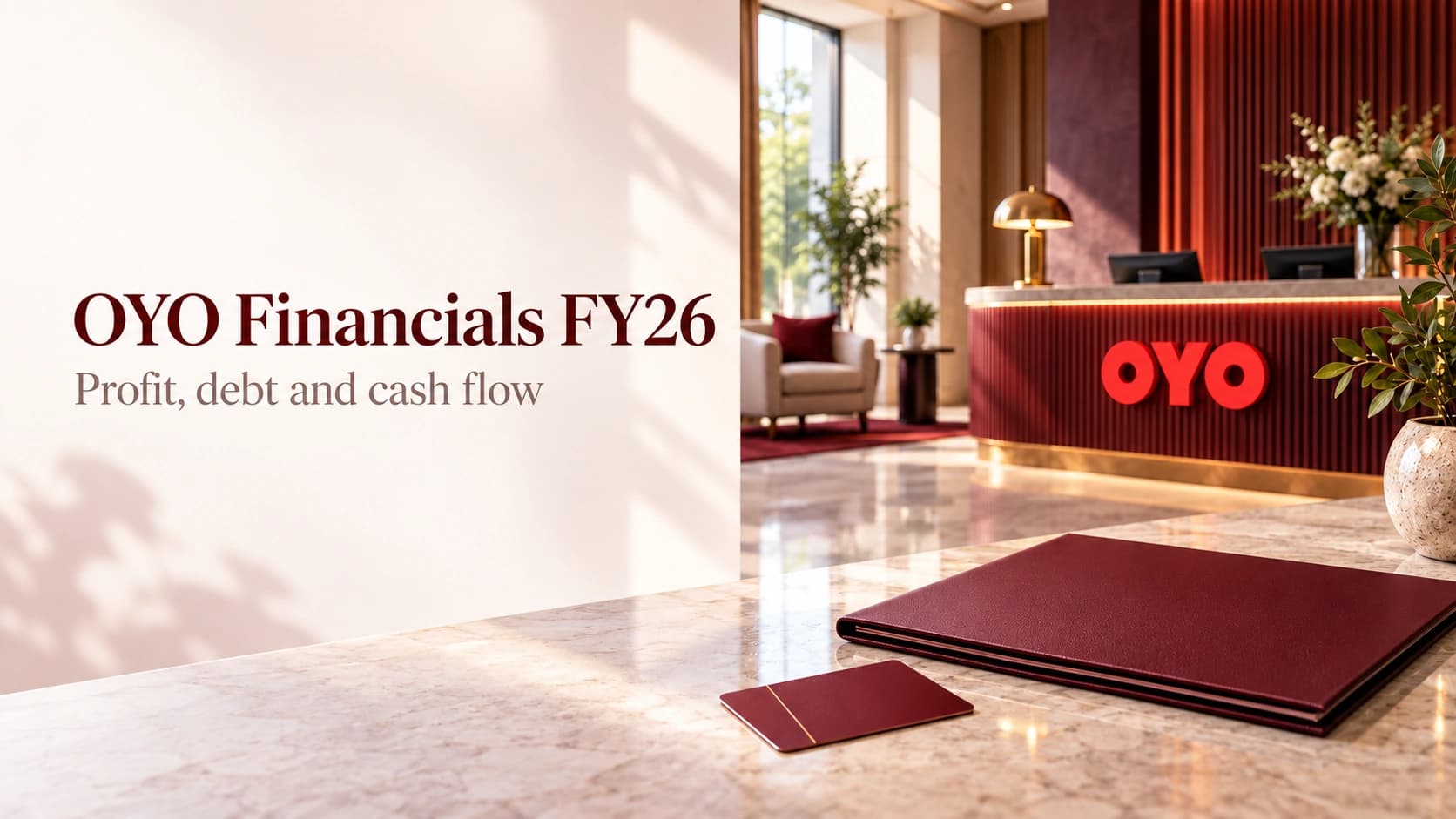 Red-themed hotel reception with the OYO logo on the desk, accompanying an analysis of OYO FY26 profit, debt and cash flow.
