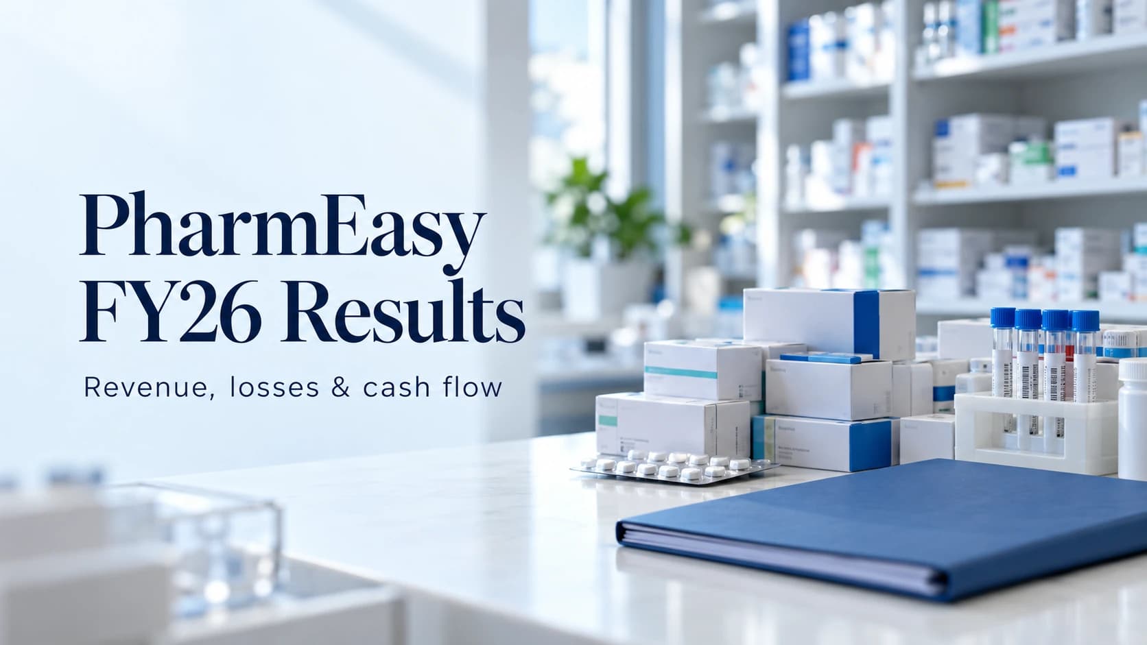 PharmEasy FY26 results cover with medicine cartons, diagnostic sample tubes and a blue report folder in a conceptual healthcare setting.