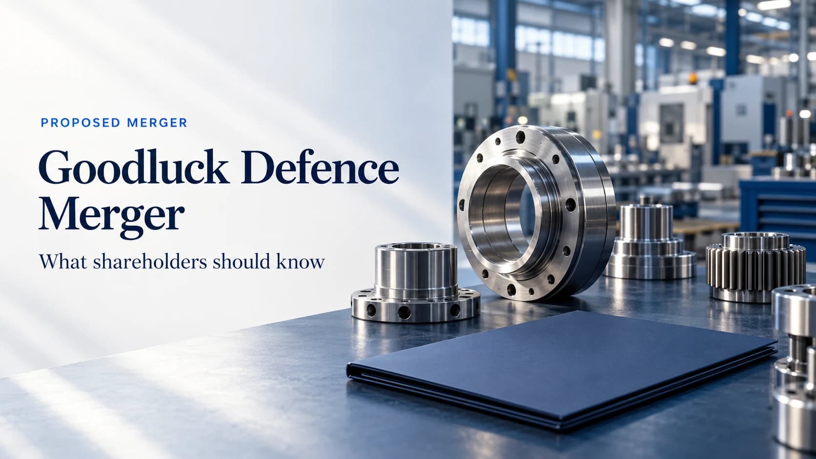 Goodluck Defence proposed-merger cover with precision steel components and a document folder.